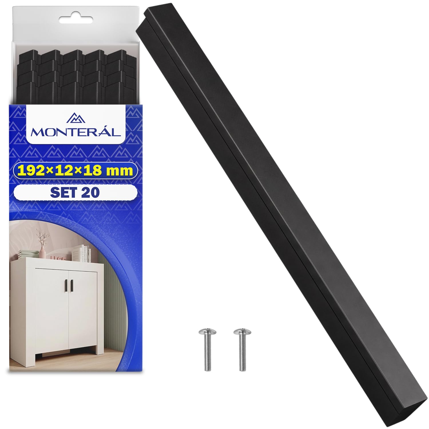 20x Maniglie per Mobili da Cucina 192x12x18mm Interasse Fori 160 mm | Maniglie Cucina y Mobili Realizzato in Alluminio Сolor Nero Opaco - Garanzia di 10 Anni - MONTERAL
