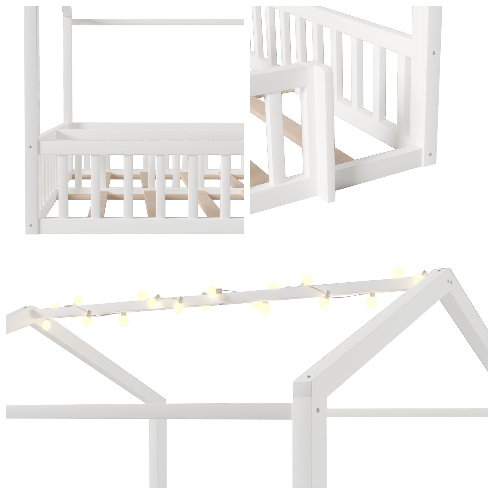 Lit Cabane 90x190cm*2/180x190cm en Pin,Lit au Sol Montessori 2 Places avec Éclairage LED,Barrières Hautes,Sommier à Lattes Robuste,pour Garçons Filles(Blanc 2, 90x190)