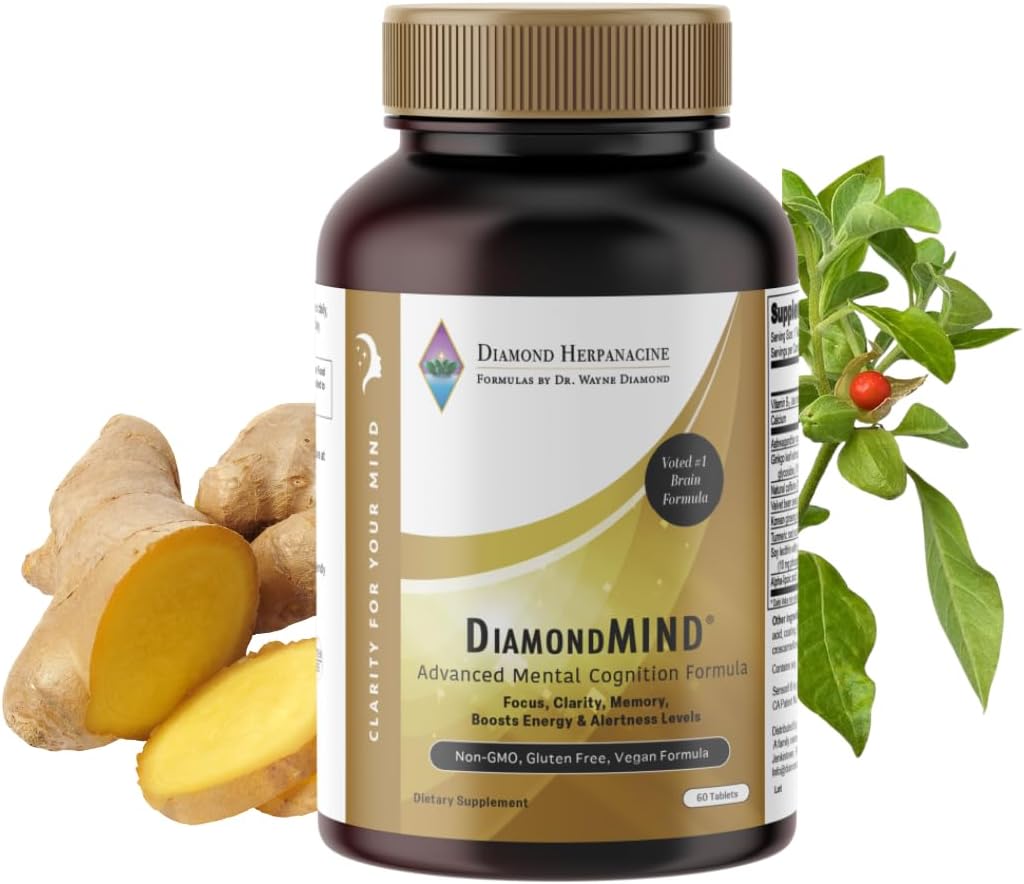 DiamondMIND Brain Support Supplement - Natural Formula for Mental Energy & Cognitive Function - Focus, Clarity, and Memory Supplement - Less Mental Stress - Vegan, Gluten-Free, Dairy-Free - (60 Count)