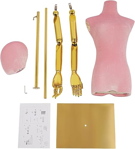 Miniatura 7 de Torso de maniquí femenino con cabeza y brazos, altura ajustable de 59 a 79 pulgadas, forma de vestido de terciopelo galvanizado rosa en base de
