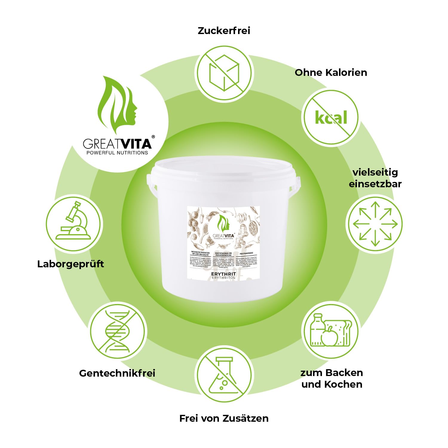 GreatVita Erythrit Eimer 4 kg, Premium Zuckeralternative - kalorienfreies Süßungsmittel ohne Gentechnik | Zahnfreundliche Süßungsmittel ohne Kalorien