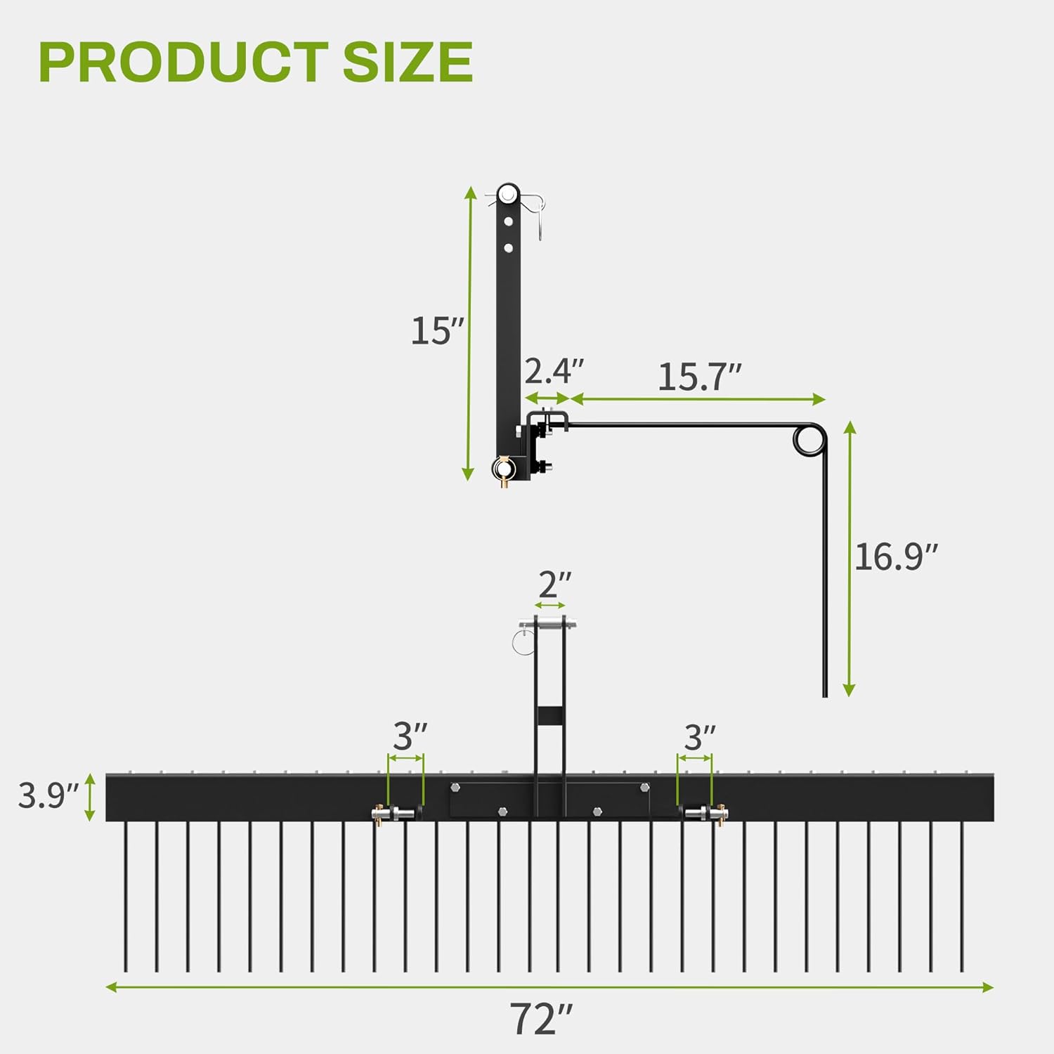 AUTOSAVER88 Heavy Duty Pine Straw Rake for 3 Point Hitch,Landscape Tractor Rake Attachments for Cat1,72,Black