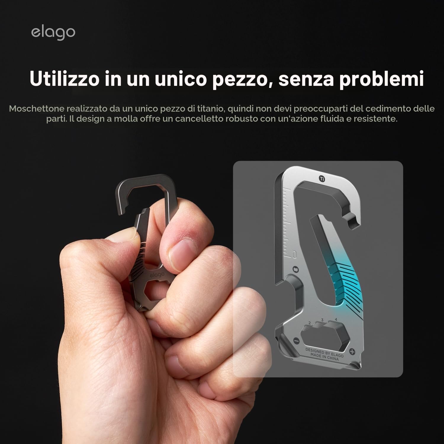elago Moschettone Portachiavi in Titanio EDC Multifunzionale | con Cacciavite a Testa Piatta, Chiave Esagonale, Righello e Apribottiglie, Durevole, Leggero e Resistente