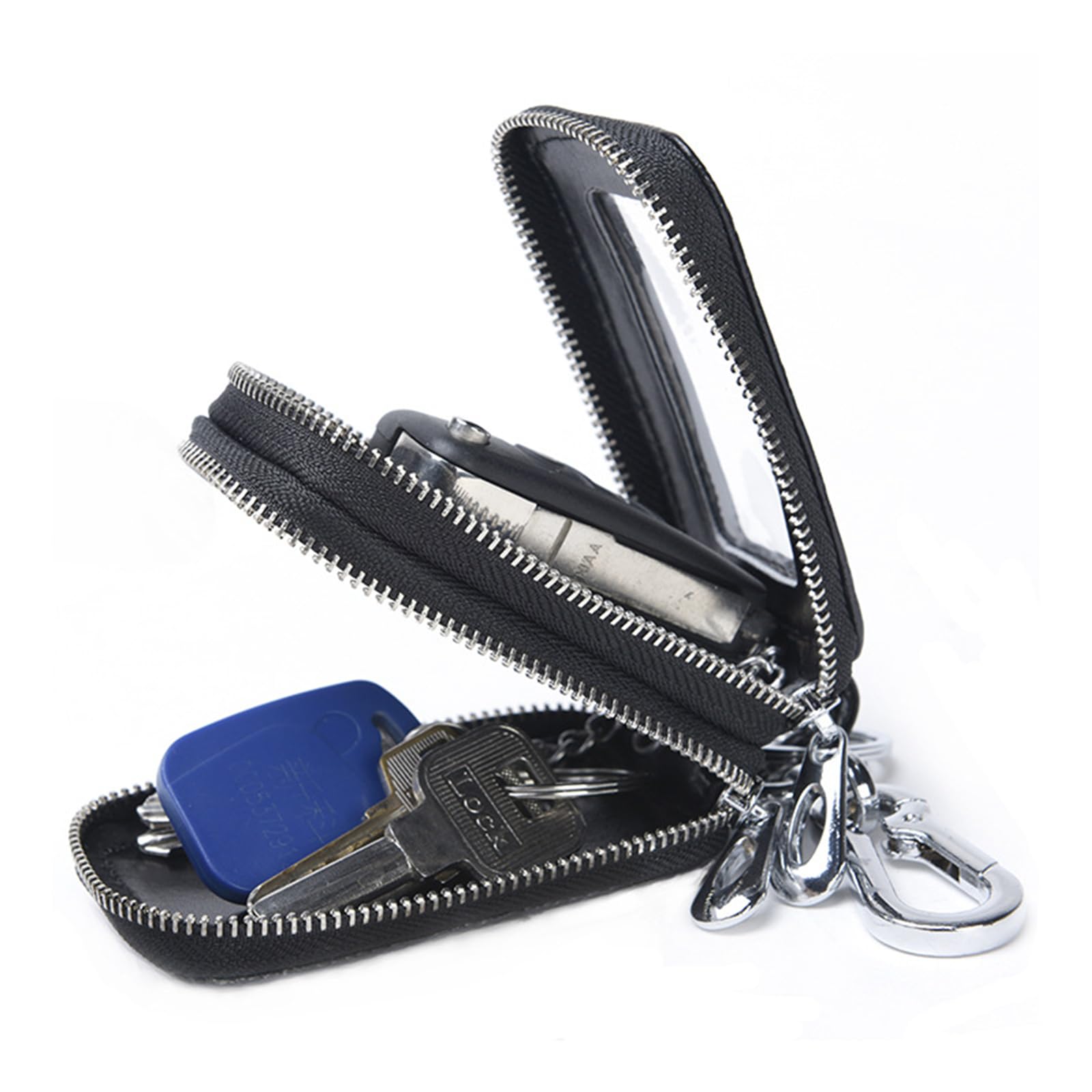 GuolichCar Key Chain Bag Double Zipper Leather Protection Key Coin Holder Keyring with Transparent Window for Car Key Remote Control