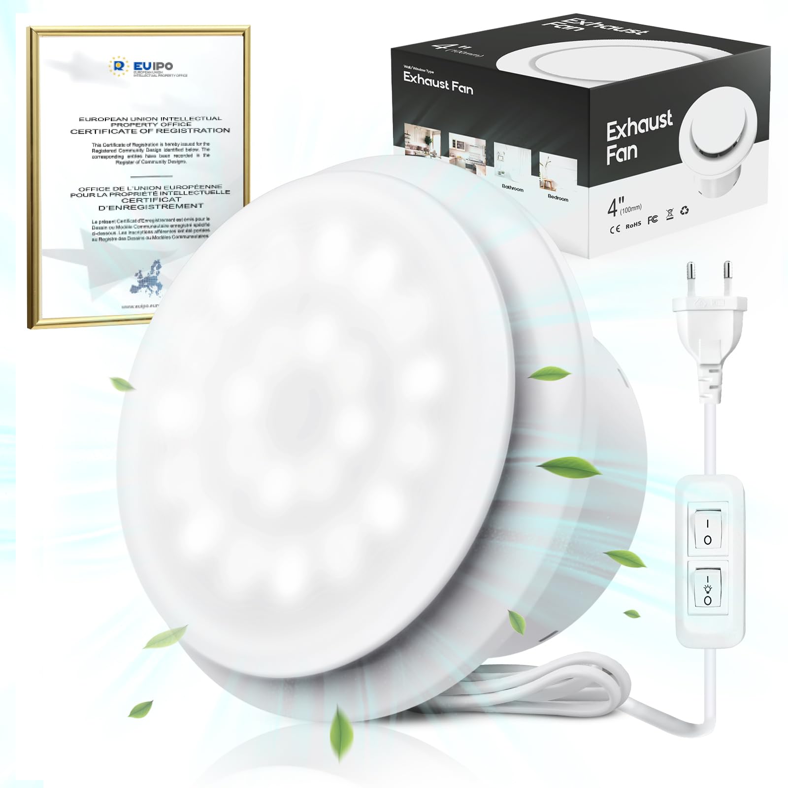 SLUELI 100mm Extractor de Aire con Luz,Potente Extractor Baño Silencioso con Interruptor,60Lúmenes,Bajo Ruido Fácil Instalación en Ventanas Techos Paredes Ideal para Baños Cocinas