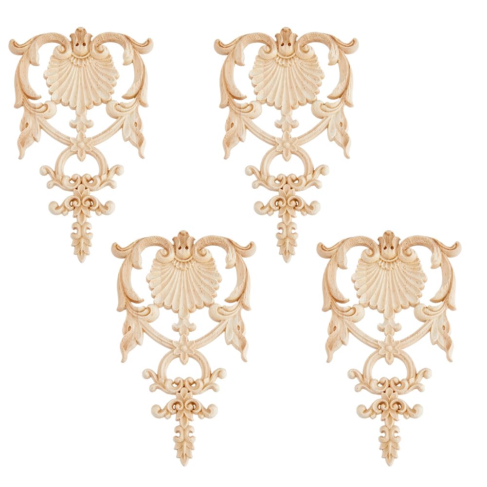 SUPERFINDINGS 4PCS Carved Wood Appliques Onlays Wooden DIY Applique and Onlays Unpainted Wooden Onlay Wood Carving Appliques for Furniture Cabinet Dresser Bed Wall