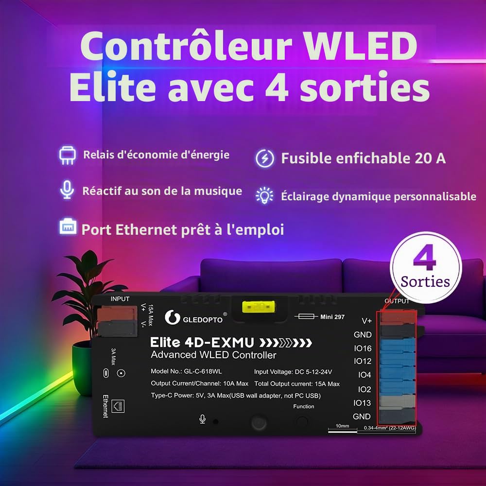 GLEDOPTO ESP32 WLED Contrôleur avec 4 sorties Ethernet Music Sound UART 20A Fusible Ingéniable pour WS2811 WS2812 SK6812 WS2815 Bande lumineuse RVB numérique adressable IC (618WL-4 sorties)