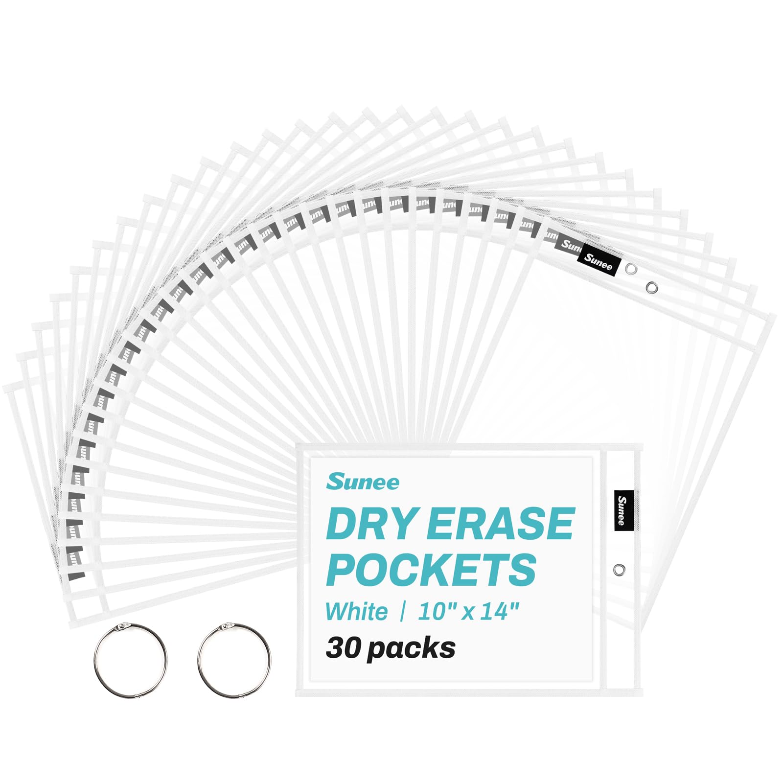 SUNEE 30 Packs Oversized Reusable Dry Erase Pocket Sleeves with 2 Rings, White 10x14 Ticket Holders, Clear Plastic Sheet Protectors, Teacher School Classroom Supplies