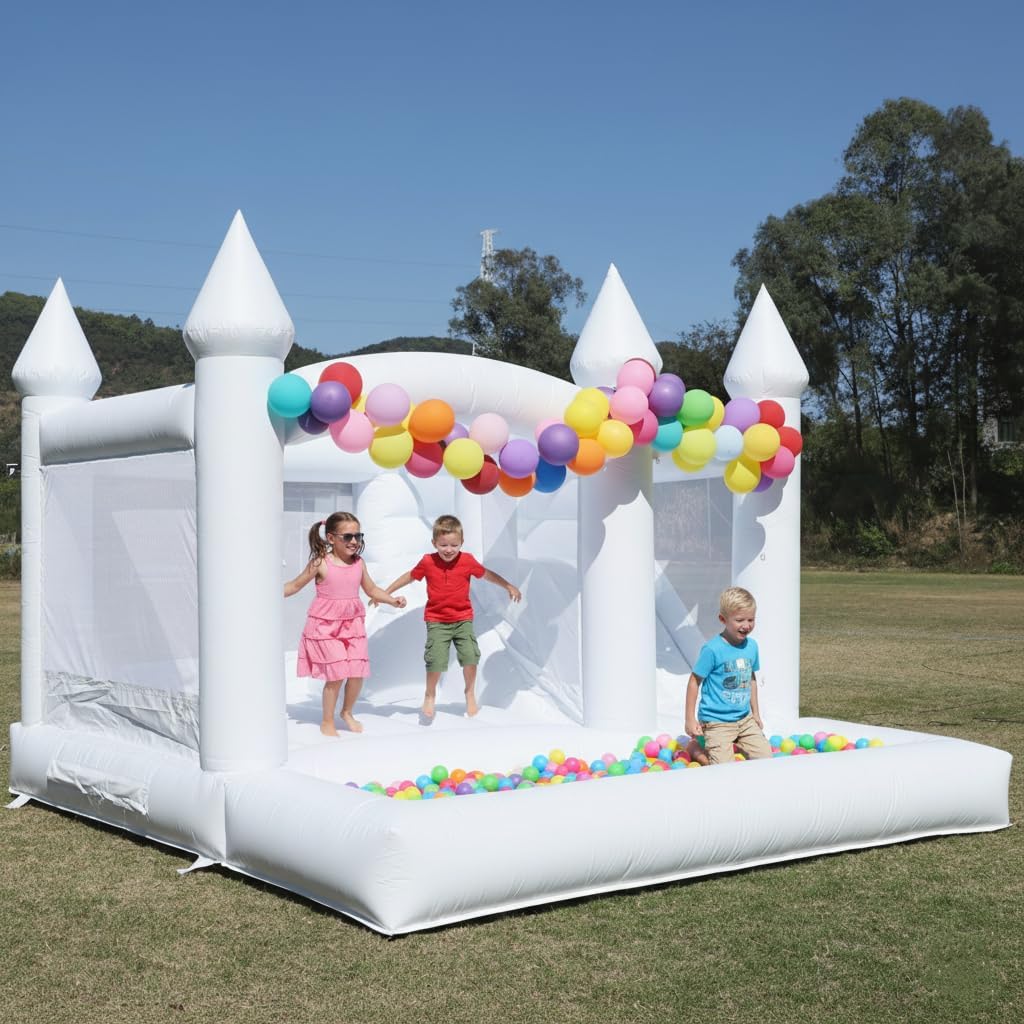 White Bounce House for Adults, 13x13x10FT 100% PVC Large Commercial Grade with Ball Pit & Slide, Inflatable White Castle for Kids 8-12 Outdoor Indoor