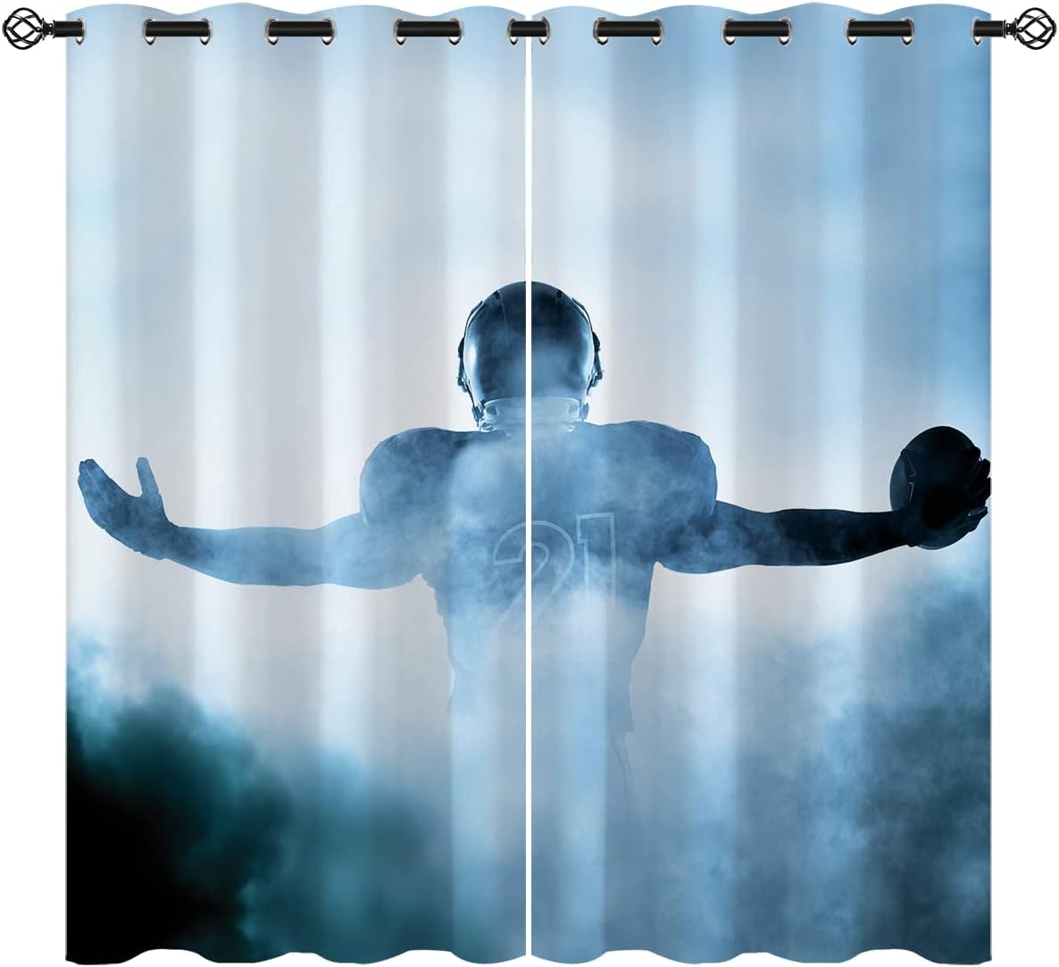 Sport Blackout Curtains for Girls Boy Home Decor, American Rugby Player Football Field Blue Grommet Thermal Insulated Drapes Darkening Window Curtain for Bedroom Living Room, 72 x 63 Inch