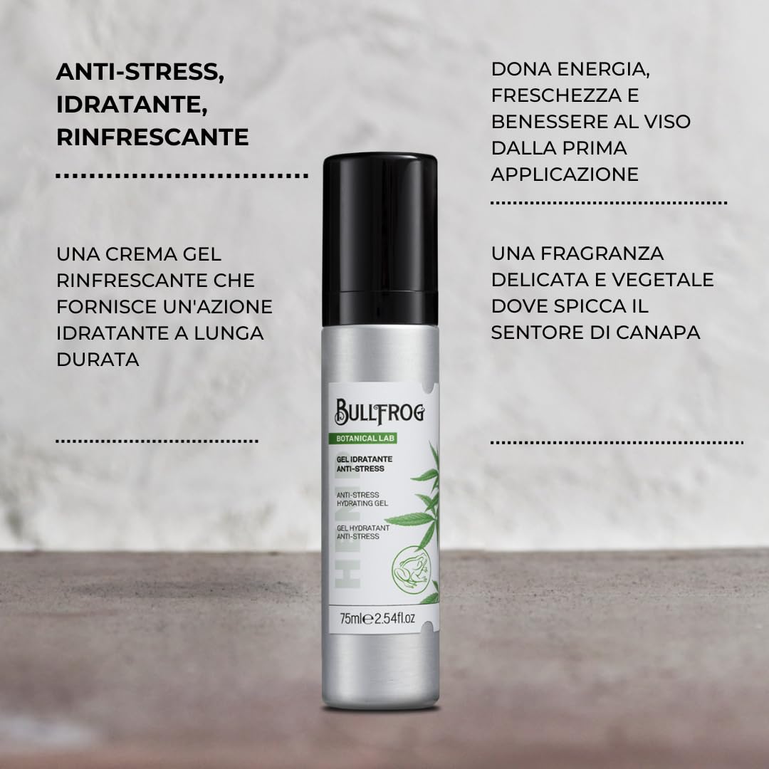 Bullfrog - Gel Idratante Anti-Stress: Gel Rinfrescante, Invisibile, Effetti a Lunga Durata, Note di Canapa, Pompelmo, Salvia, Tabacco e Legno di Cedro, Made in Italy, 75 ml