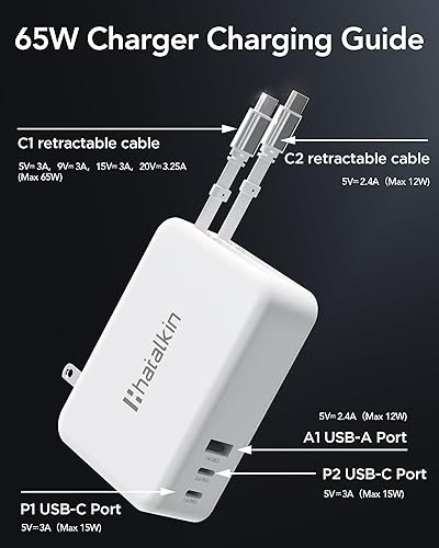 Miniatura 4 de Cargador de 65 W para MacBook Pro, enchufe de cargador de pared retráctil 5 en 1 para iPhone 17, cable USB C PD dual de 3.94 pies y 3 puertos,