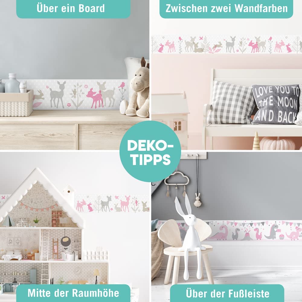 Bordüre selbstklebend HÄSCHEN & REHE ROSA/GRAU/BEIGE - Wandbordüre Kinderzimmer / Babyzimmer mit Hase und Reh - Wandtattoo Schlafzimmer Mädchen & Junge, Wanddeko Baby / Kinder