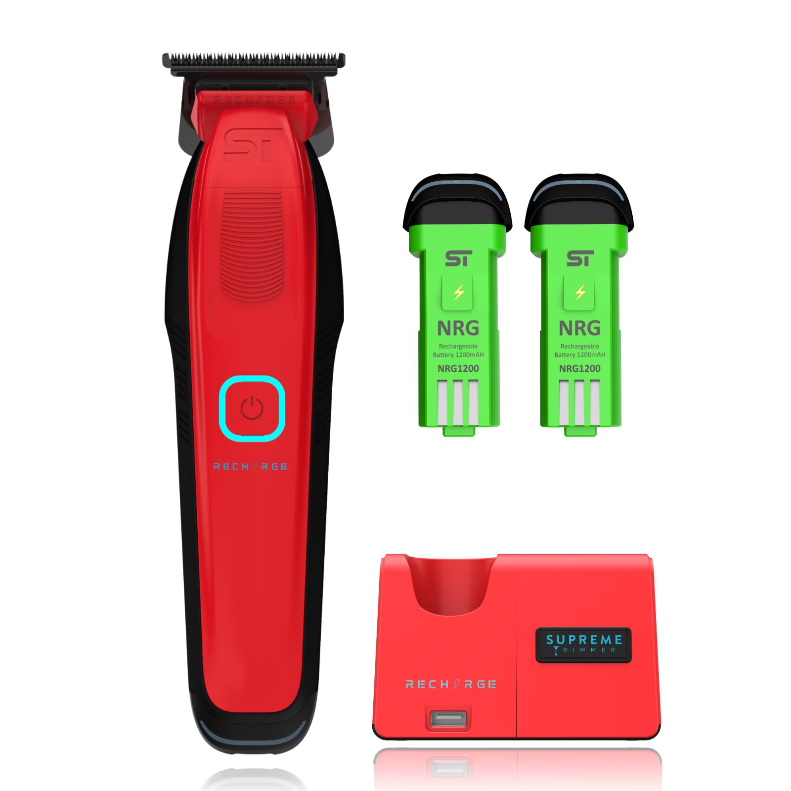 Supreme TrimmerRecharge Zero Gap Trimmer for Barbers | 7500+ RPM, Removable Battery, Smart USB Charging Stand + iPhone/Android Charging | ST777 Red