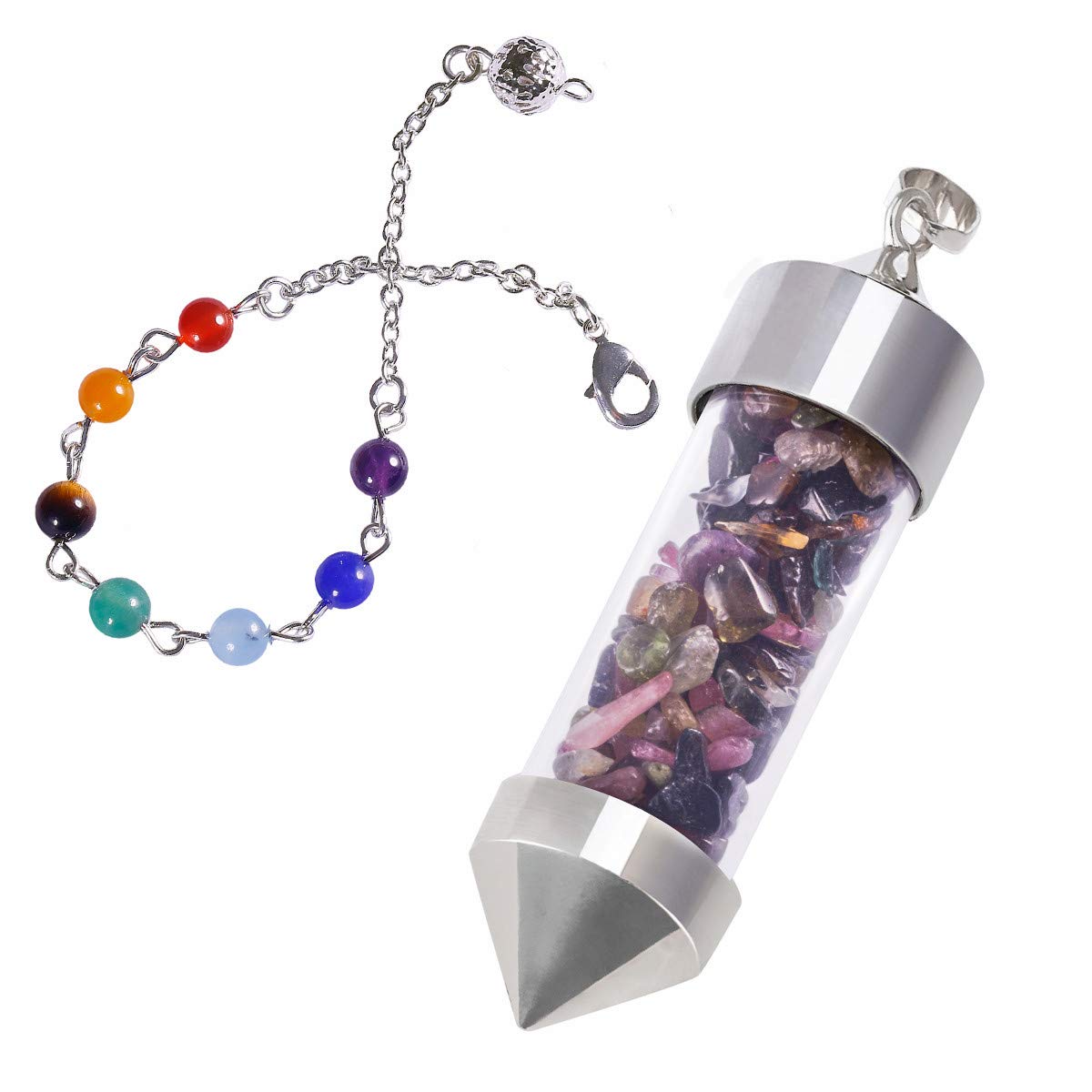TUMBEELLUWA Healing Stone Chip 7 Chakra Pendulum Crystal Pendant Wish Bottle Necklace Dowsing Amulet Multicolor