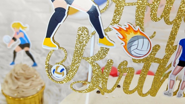 Volleyball Happy Birthday Kuchen Topper – Mädchen, Strand-Design, Glitzernd, 9,8x15 Cm, Für Sport-Themengeburtstag