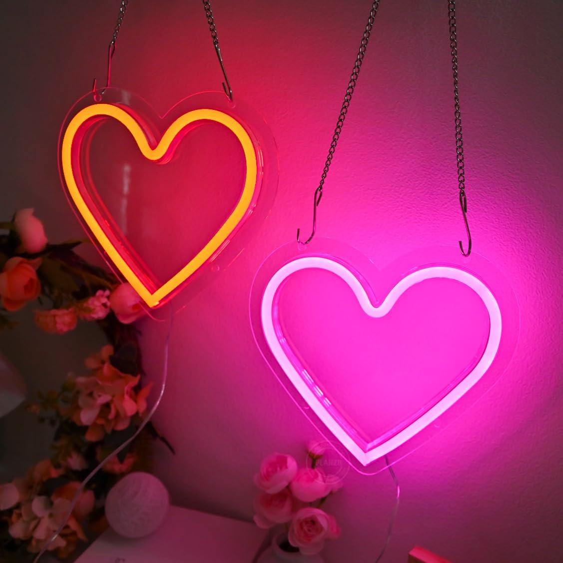 Planzo Pink Heart Neon Sign for Girl Room Home Bedroom 2 Pack LED Heart Light Red Neon Wall Decor Party Pub Love Wedding Birthday Gift Valentine's Day LED Battery Operated or USB Powered 7.87" X 7.28"