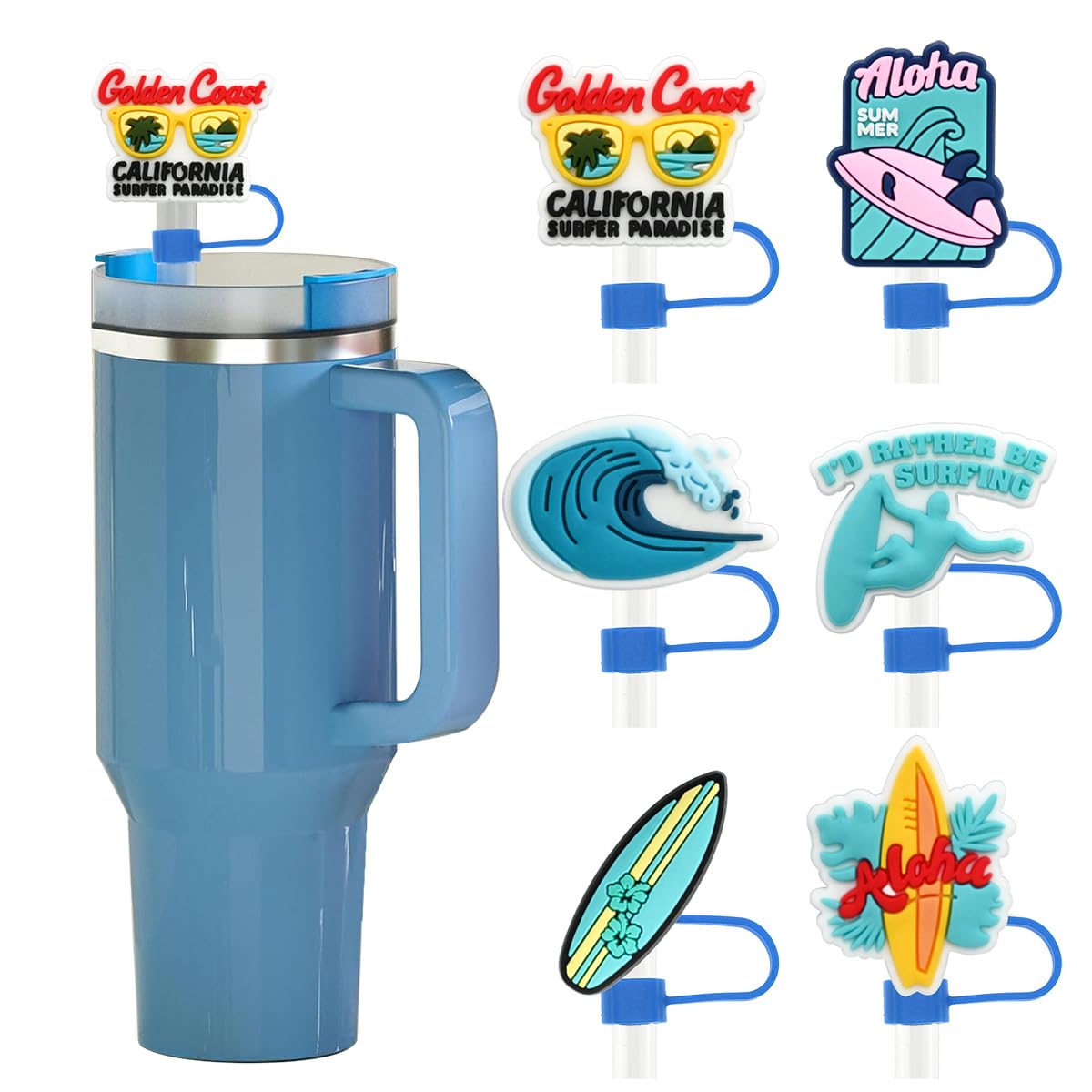 6PCS Beach Series Straw Covers for Stanley Cups – Cute 10mm Reusable Silicone Toppers for 30oz/40oz Tumblers with Handle, Straw Tip Covers, Durable