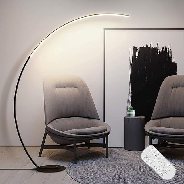 Modern LED Arc Floor Lamp, Dimmable Aluminum Arc lamp, 25W Semi-Circular Design Floor Light, Bedside Reading Lights with Remote Control, Minimalist Steel Curved Floor Light, H: 67in (Black)
