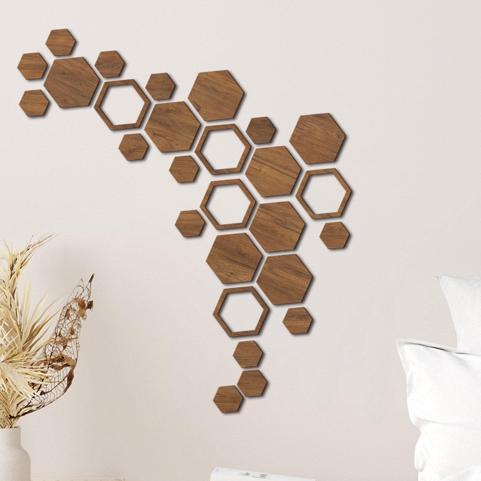 Hexagon Lot de 27 décorations murales hexagonales antidérapantes en Bois | Décoration Murale autocollante en nid d'abeille pour Salon, Cuisine, Salle de Bain