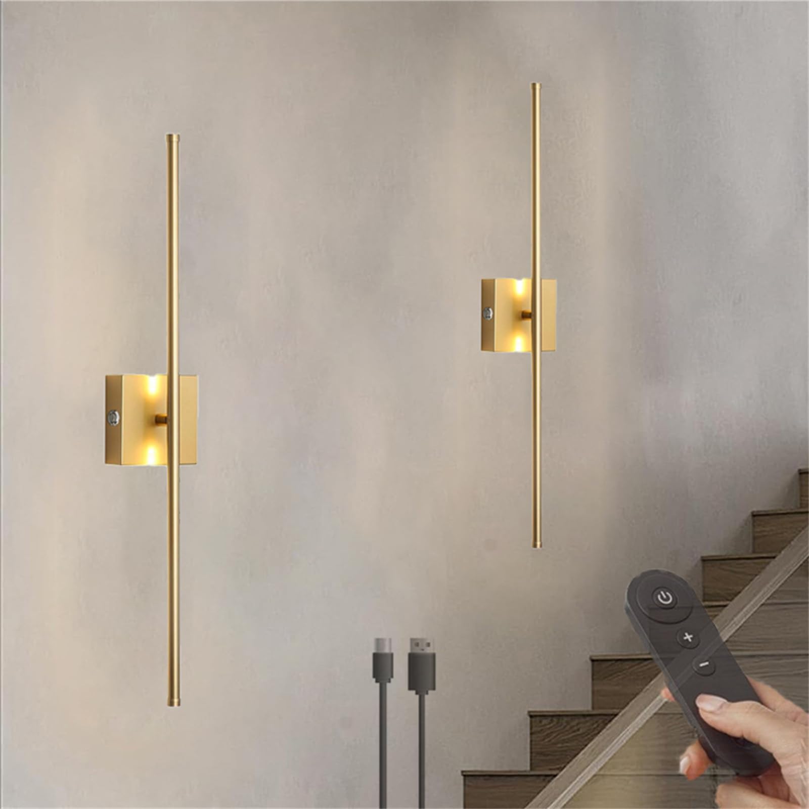 LED Battery Operated 360°Rotating Wall Lamp Indoor Wall Sconces 3 Colour Dimmable with Remote Control Wall Lights USB-C Rechargeable with Switch Wall Lighting Linear for Bedroom (2 Packs,Square Gold)
