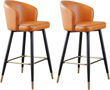 27.5" Heigh Modern Faux Leather Upholstered Dining Chairs Bar Stools Set of 2 with Curved Backrest Black Metal Legs Gold Footrest, Counter Height Bar Stool for Home Club Restaurant  Color Orange