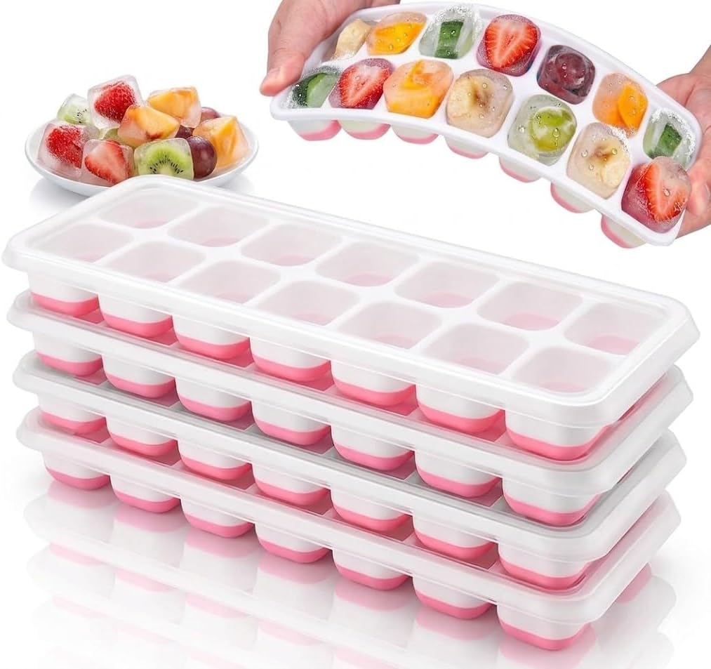 Set of 4 Stackable Silicone Ice Cube Trays with Removable Lids - Flexible, Spill-Resistant, Dishwasher Safe (Pink)