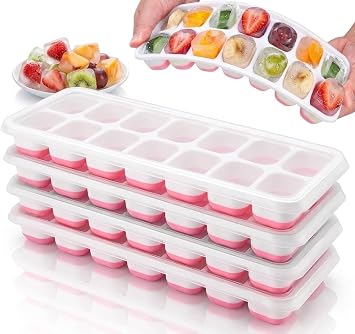 Set of 4 Stackable Silicone Ice Cube Trays with Removable Lids - Flexible, Spill-Resistant, Dishwasher Safe Pink