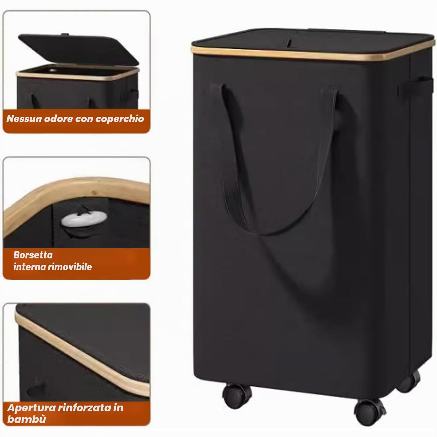 Cesto Portabiancheria con Coperchio,Cesto Biancheria Sporca con Ruote,Cesta per il Bucato Pieghevole e Borsa Rimovibile per Camera da Letto,Bagno,Lavanderia