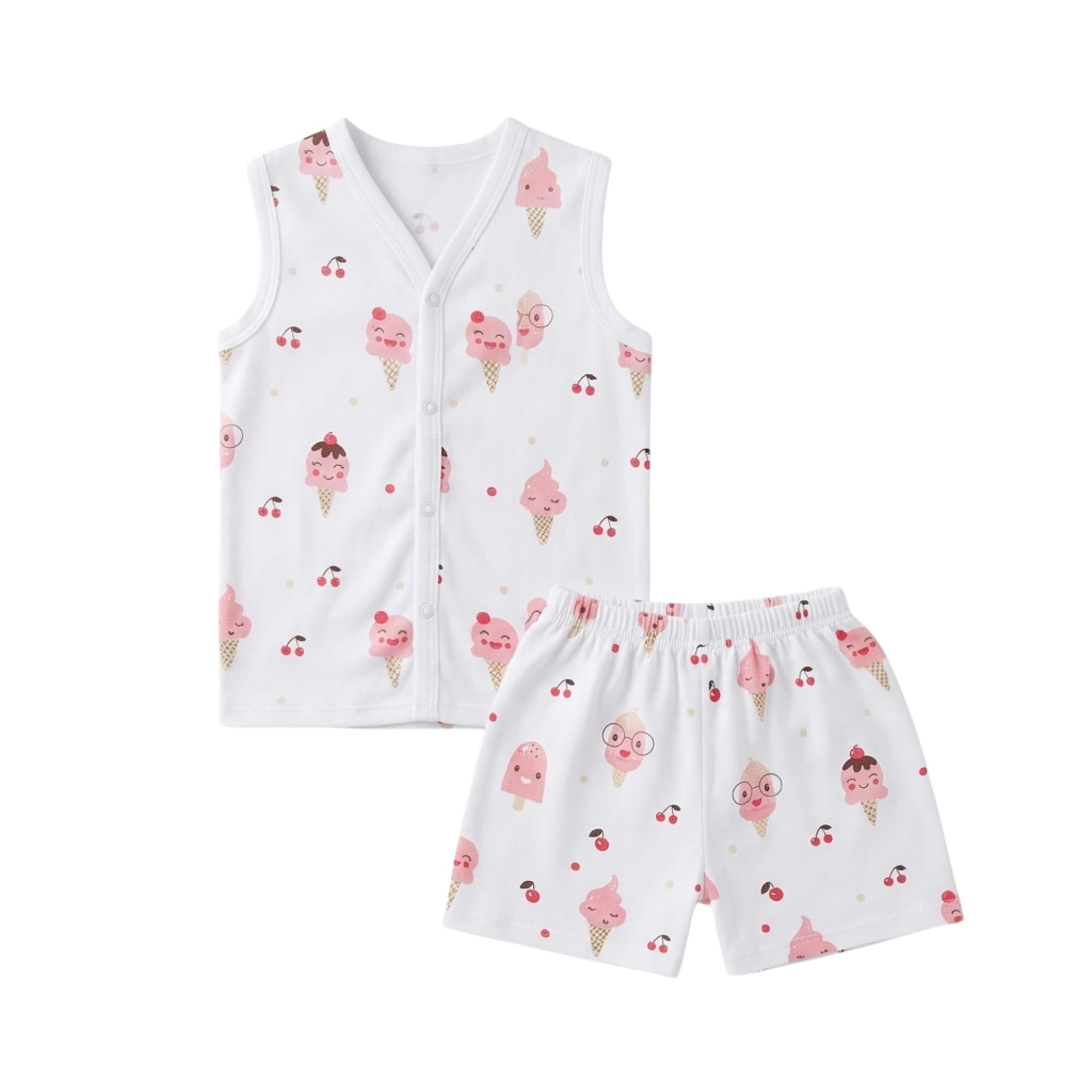 Kids Muslin Cotton Co-Ord Set | Snap Button Co-ord Set | White Jabla for Baby Boys & Girls Sleeveless Vest & Shorts Set | Breathable Fabric | Daily Wear Summer Outfit for Babies-image-16