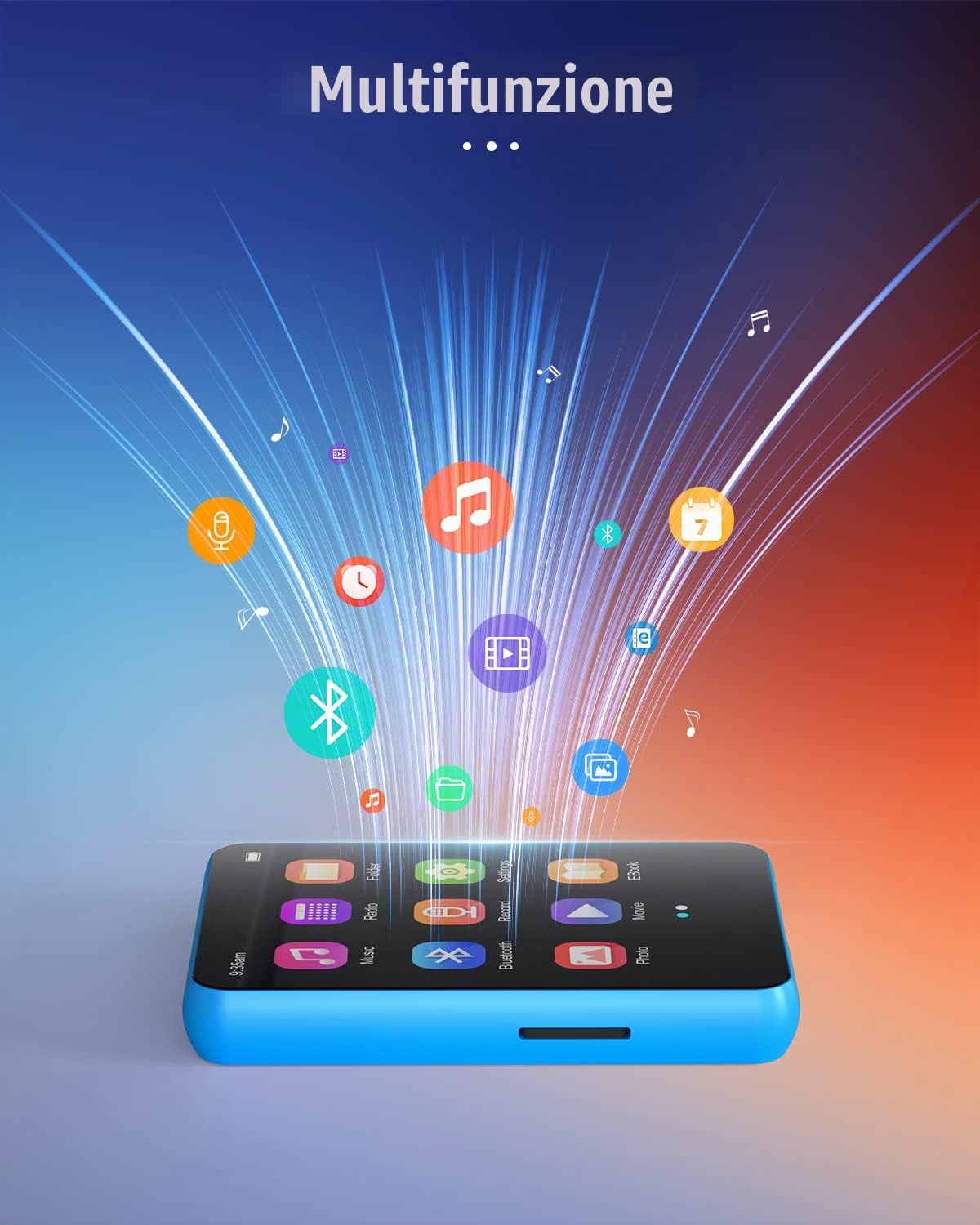 Lettore MP3 da 64 GB con Bluetooth 5.0, joliker portatile digitale senza perdita di musica MP3, touchscreen completo 2.4IN, altoparlante HD integrato, auricolari inclusi, massimo fino a 128 GB