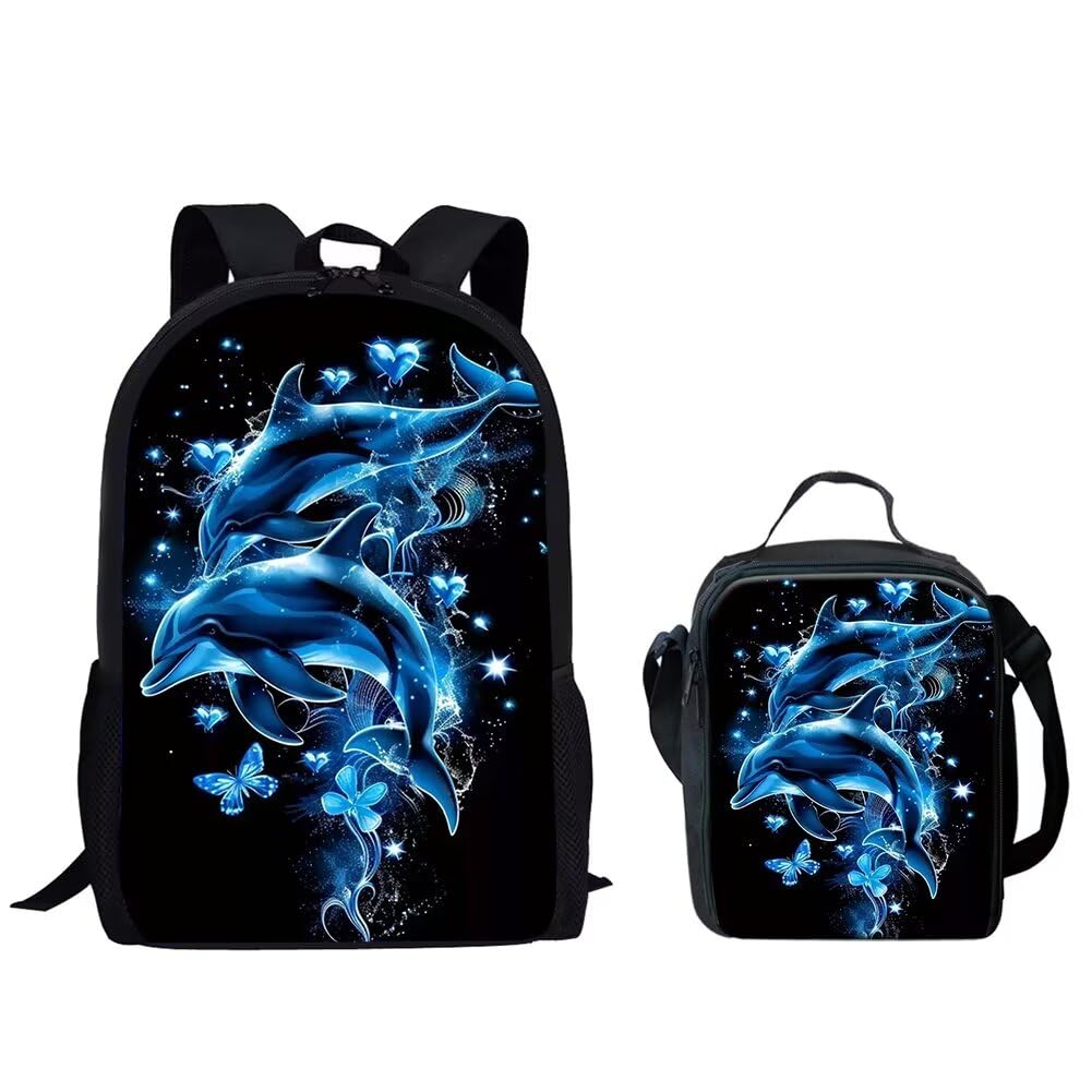 HUGS IDEA Blue Dolphin School Backpack Set Schoolbag with Small Insulated Lunch Box Full Set 2 Piece