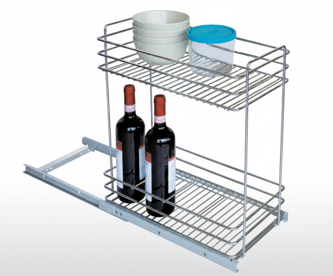 Cestello estraibile sottolavello da cucina 23,5x45x48,5cm, cassetto telescopico scorrevole con guide laterali,organizer piano in filo d'acciaio cestello portatutto portabottiglie da incasso per mobili