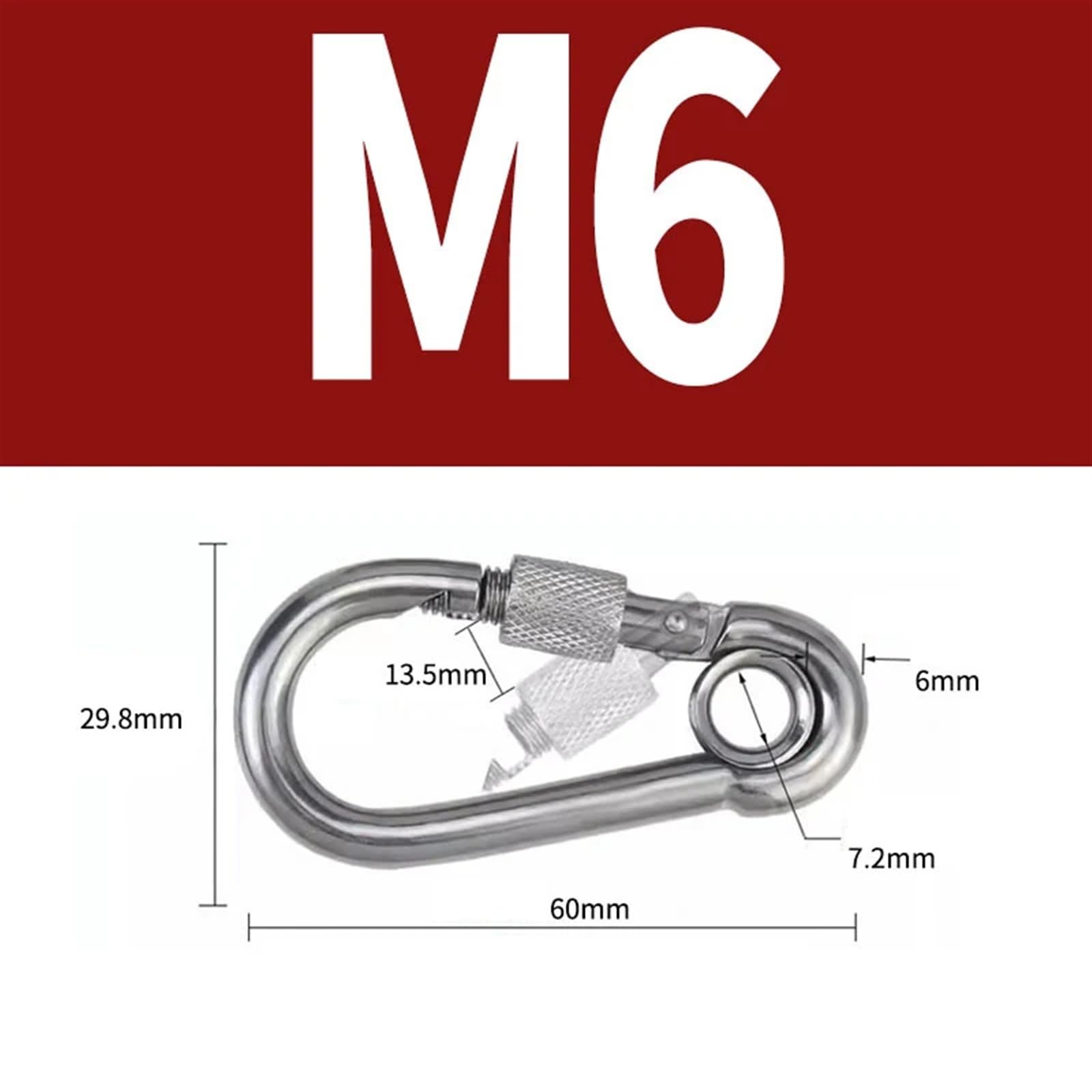 Mosquetón, Mosquetón de acero inoxidable 304 con cierre rosca for escalada, eslabones rápidos, gancho seguridad, cadena, anillo conexión, hebilla(M6,5PCS)