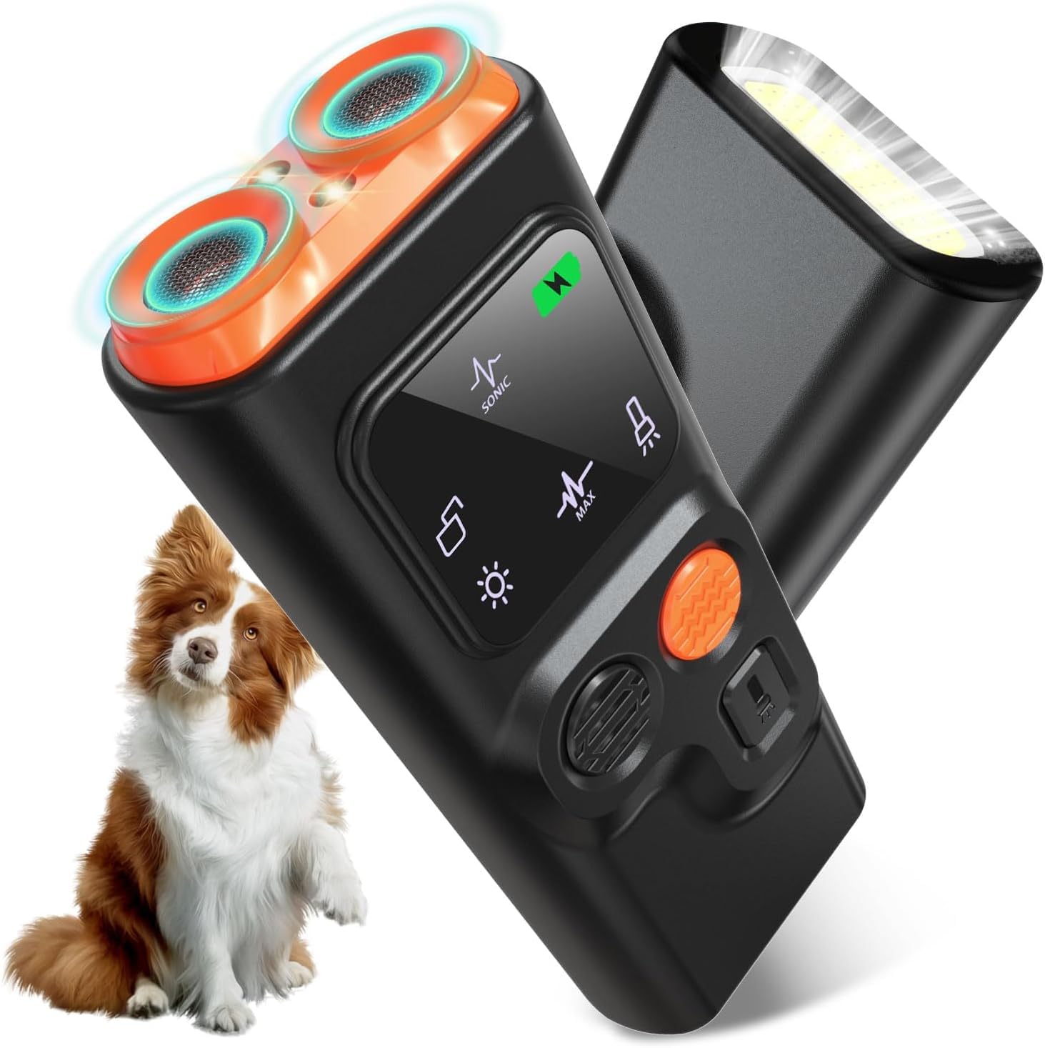 Anti Aboiement Chien, 2 Modes Dispositif Anti Aboiement Chien Ultrason avec Lampe de Poche Stroboscopique, Boitier Anti Aboiement Chien Portatif de 30 Pieds avec Afficher l'intérieur et à l'extérieur