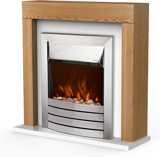 Warmlite WL45041OAK Chester Fireplace Suite with an Adjustable Thermostat and Weekly Timer, 2000W, Oak Effect and Stainless Steel