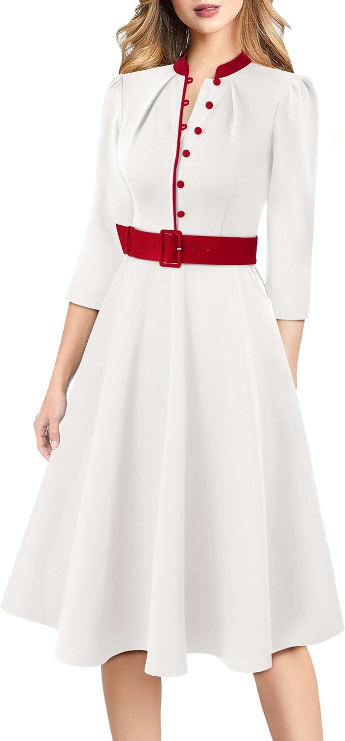VFSHOW Womens 2024 Business Work Office 3/4 Sleeve Pockets Belted Buttons Elegant Fit and Flare A-Line Dress