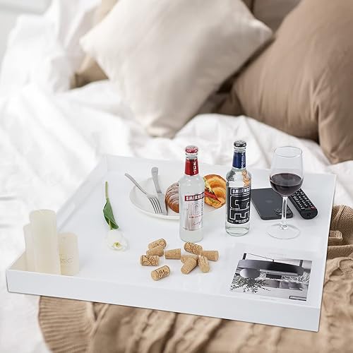 Miniatura 3 de Bandeja de servir de acrílico blanco brillante extra grande de 22 x 22 pulgadas, tamaño King, bandejas otomanas grandes decorativas con asas