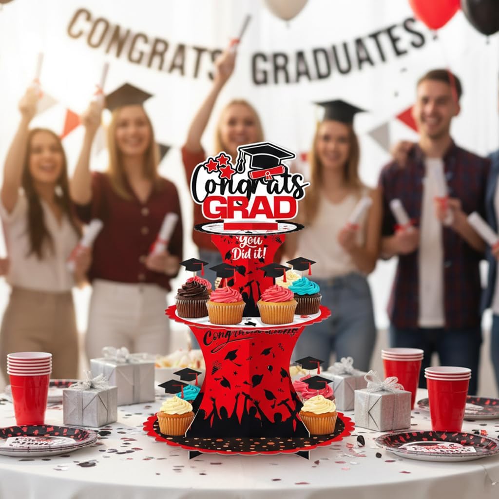 Graduation Cupcake Stand Decoration, 3 Tier Congrats Grad Party Cupcake Holder Tower, Cardboard Grad Theme Dessert Cookies Stand for Graduation Party Supplies Favors (Red & Black) image 4