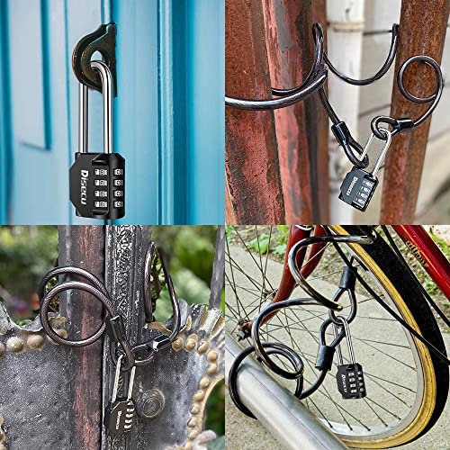 Image of 1 Pack disecu 4 Digit Combination Lock, 2.6 Inch Long Shackle Outdoor Waterproof Padlock with Heavy Duty Steel Cable for Bike, Gate, Fence (Black)