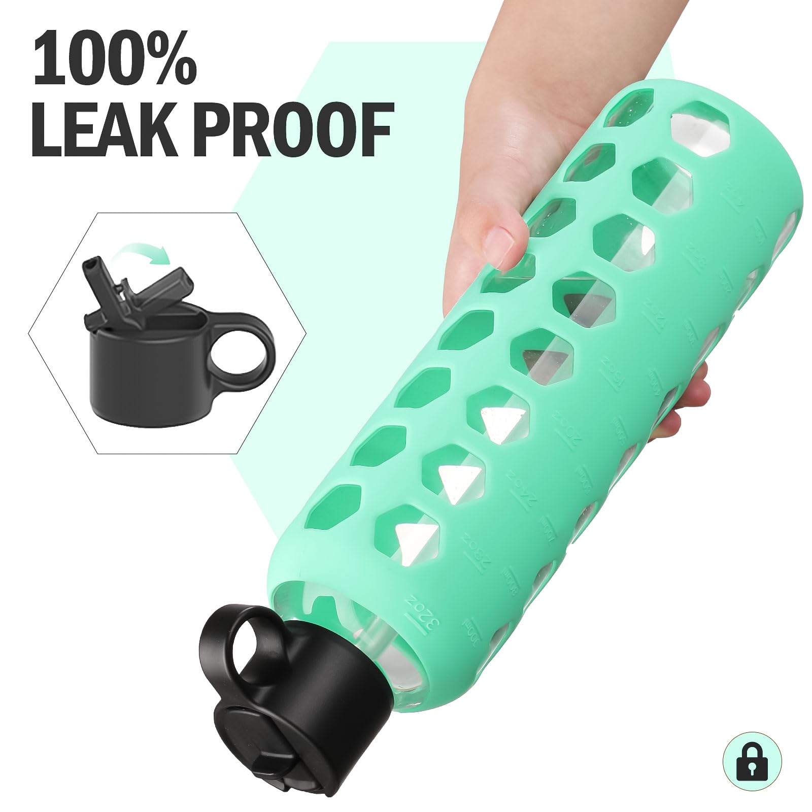 BLUEGO Borracce in vetro, 900ml Bicchiere in vetro, Bottiglie per bere con 2 coperchi, Bottiglia per l'acqua sportiva con custodia in silicone, A prova di perdite, Verde