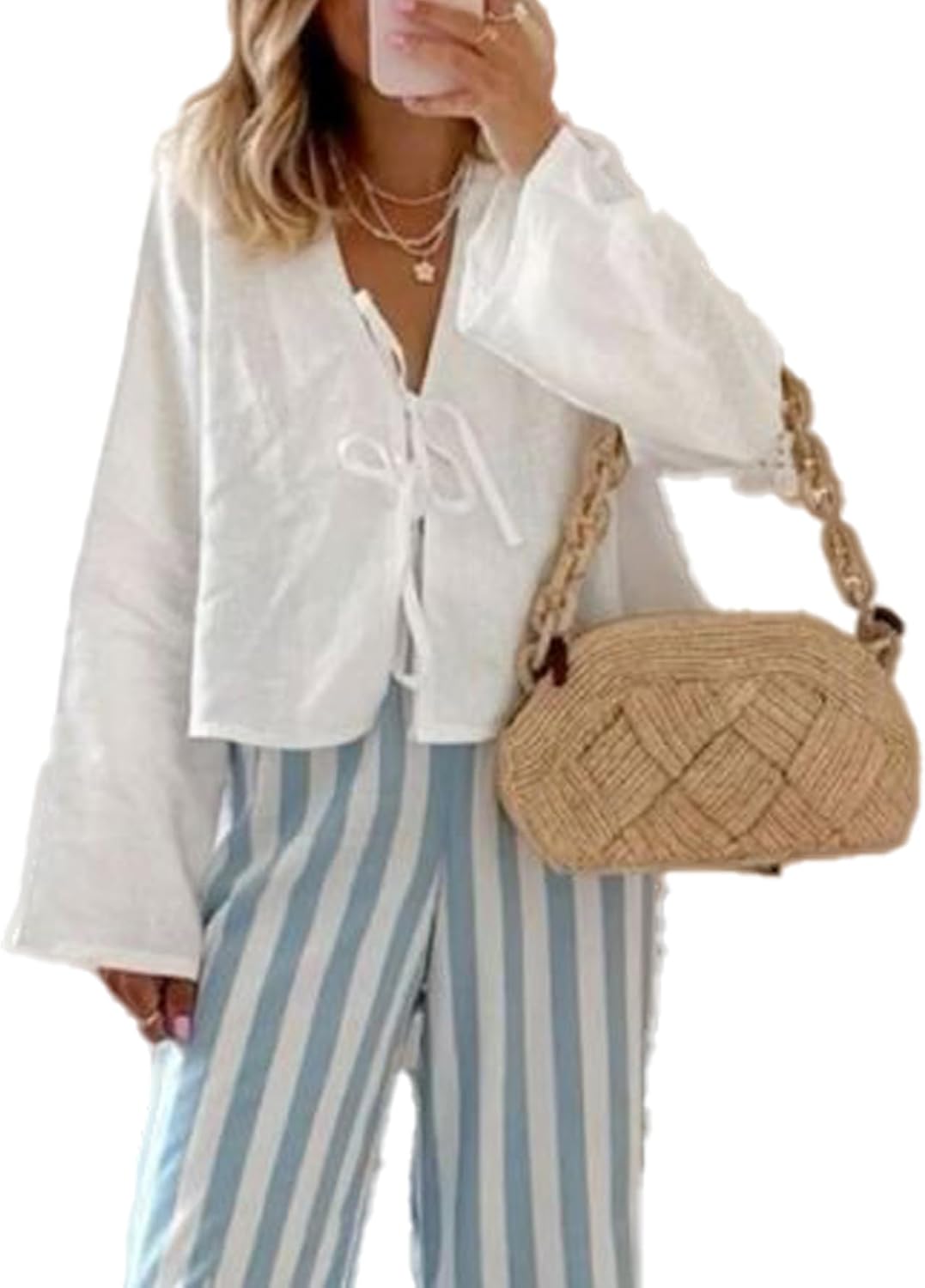 Chvity Tie Front Tops for Women Y2K Linen Shirts Flare Sleeve V Neck Going Out Coquette Clothes Casual Lace Up Bow Blouses