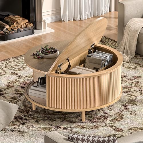 Image of Round Coffee Table, 31.5 inch Fluted Center Table with Storage, Lift-Top Coffee Table with Adjustable Footpads, Sliding Door, Mid-Century Modern Center Table for Living Room, Small Space (Nature)