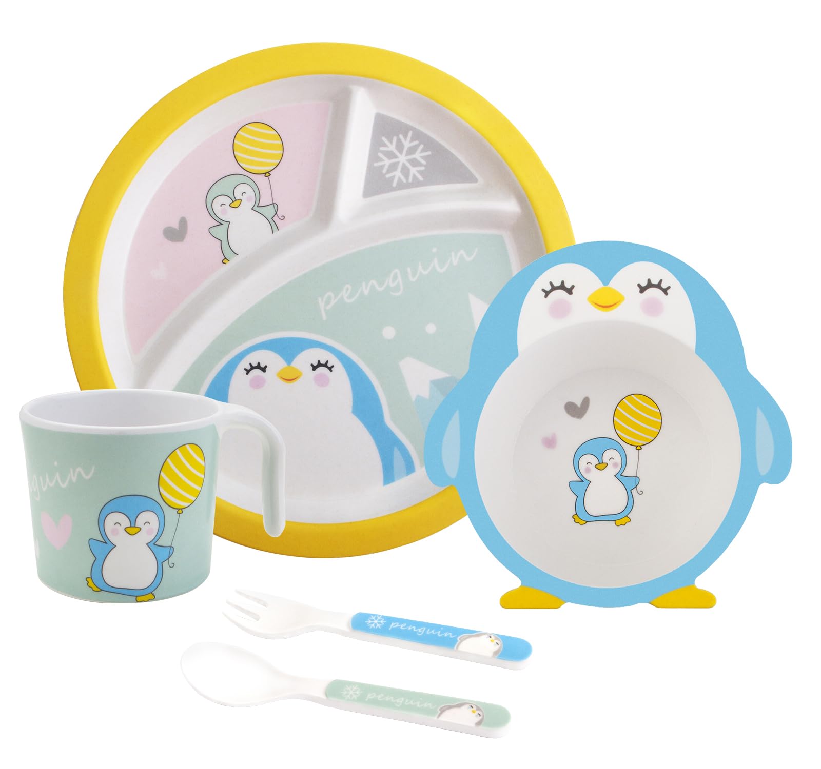 Kids Feeding Set 5 Pcs, Tableware Set for Toddlers Includes Plate Bowl Cup Fork and Spoon Utensil Flatware