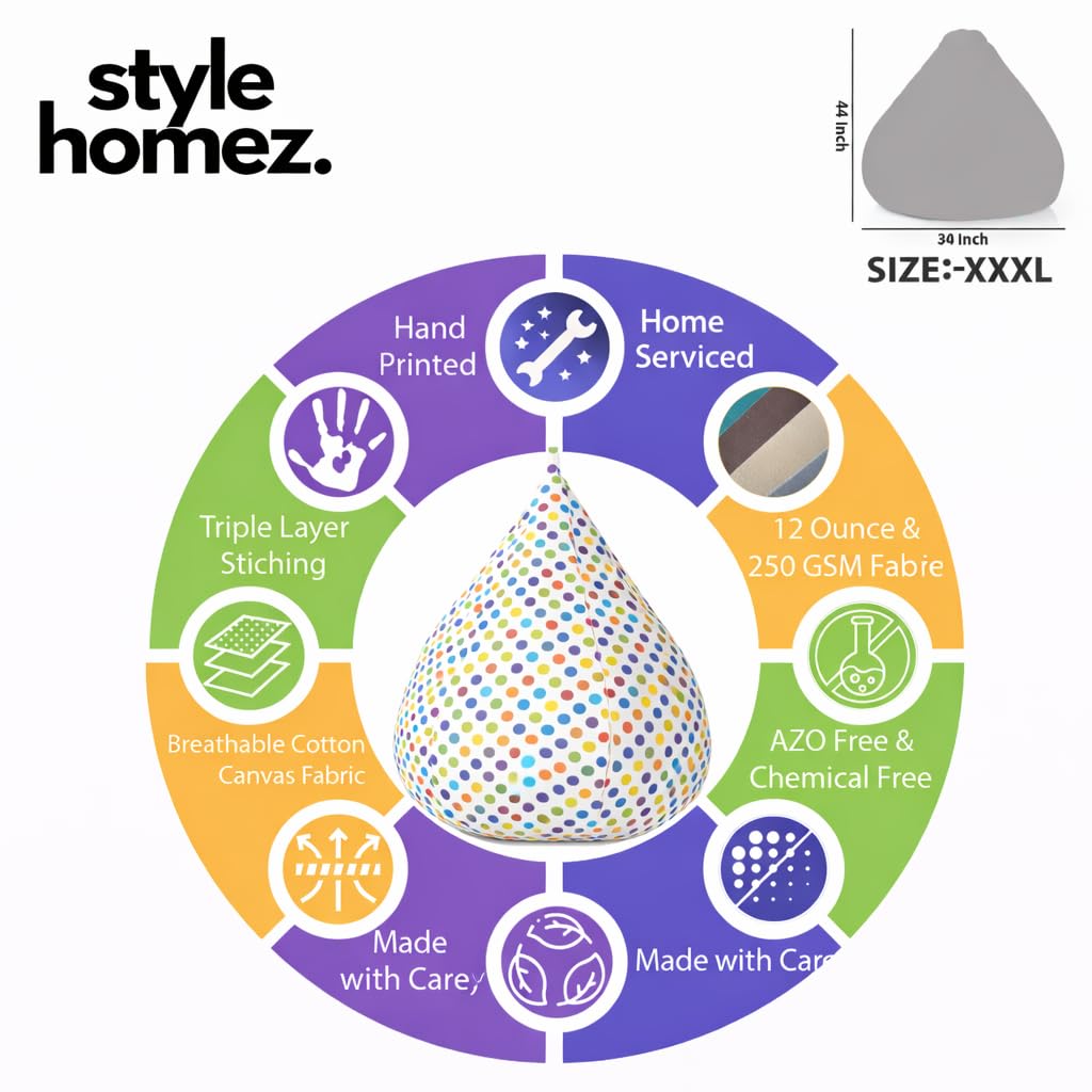 Style Homez Classic Cotton Canvas Polka Dots Printed Bean Bag XXXL Size Cover Only 1