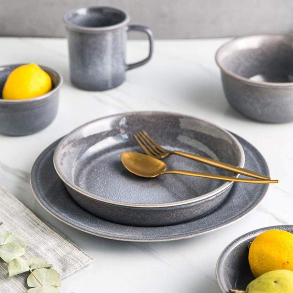 Set da tavola, Set da tavola da 6 Pezzi, Set da tavola in Ceramica Blu retrò, Piatti, Ciotole, Tazze, Servizio per 1 Persona(