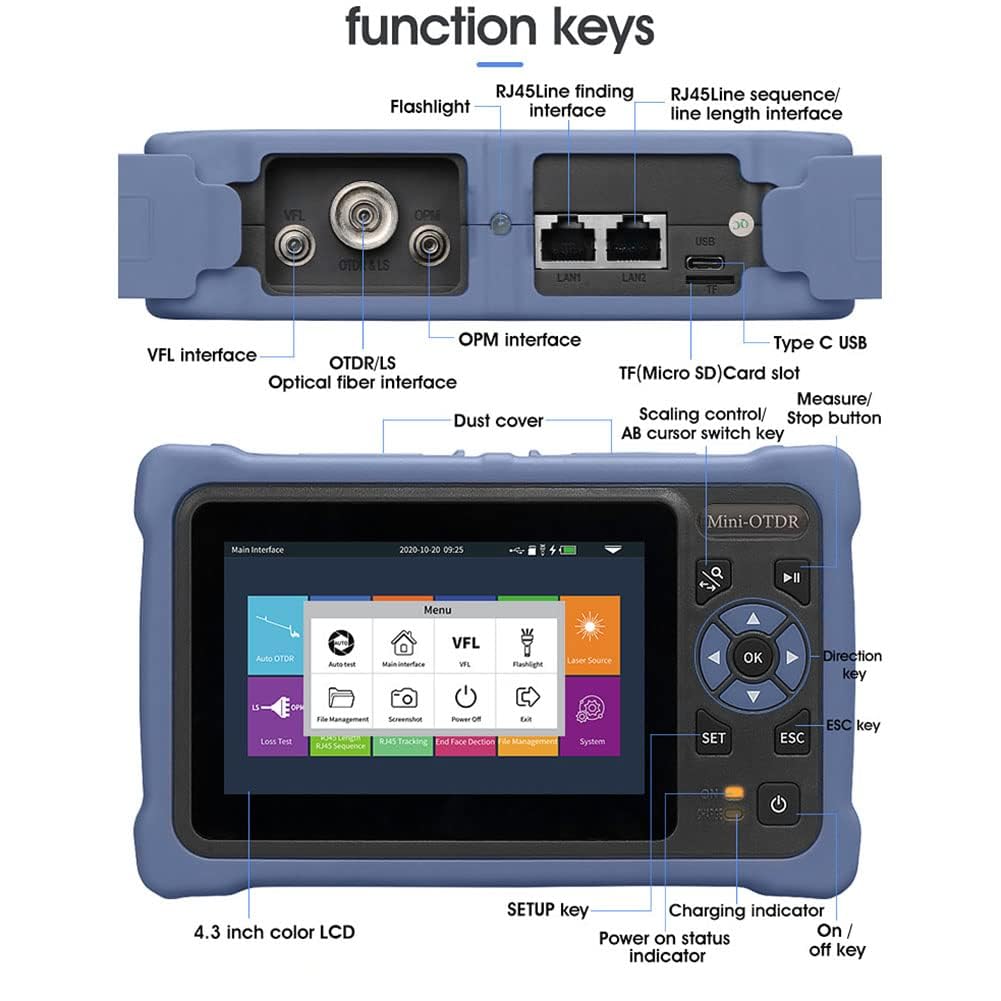 OTDR SM 11 en 1 con VFL OPM OLS Mapa de Eventos RJ45, FC/UPC SC ST LC Conectores incluidos, Reflectómetro de Fibra óptica 1310/1550 NM 26/24 dB con Pantalla táctil de 4,3 Pulgadas UPC (APC)