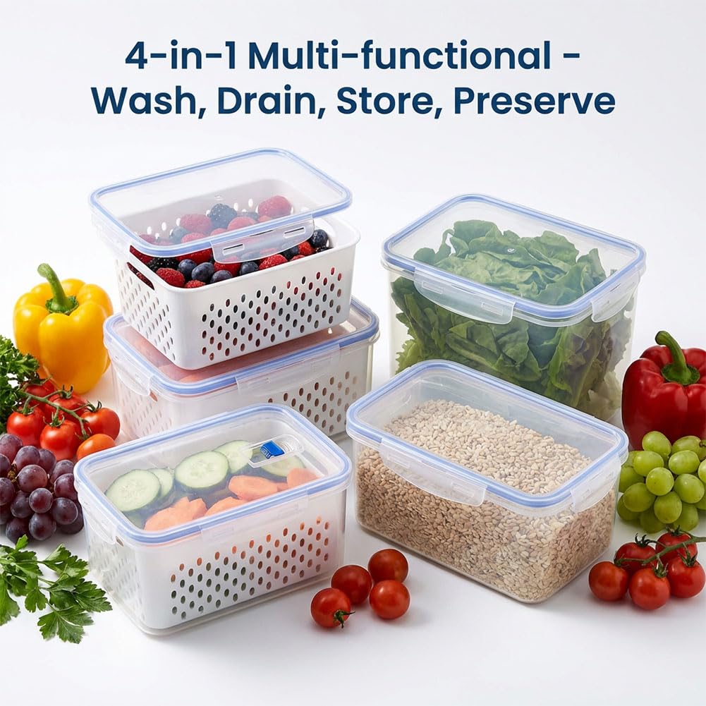 Frischhaltedose mit Ablaufkorb, 4 in 1 transparenter Kunststoff-Organizer für Kühlschrank, hält frisch und ordentlich, ideal für Obst und Gemüse, 3300 ml Fassungsvermögen