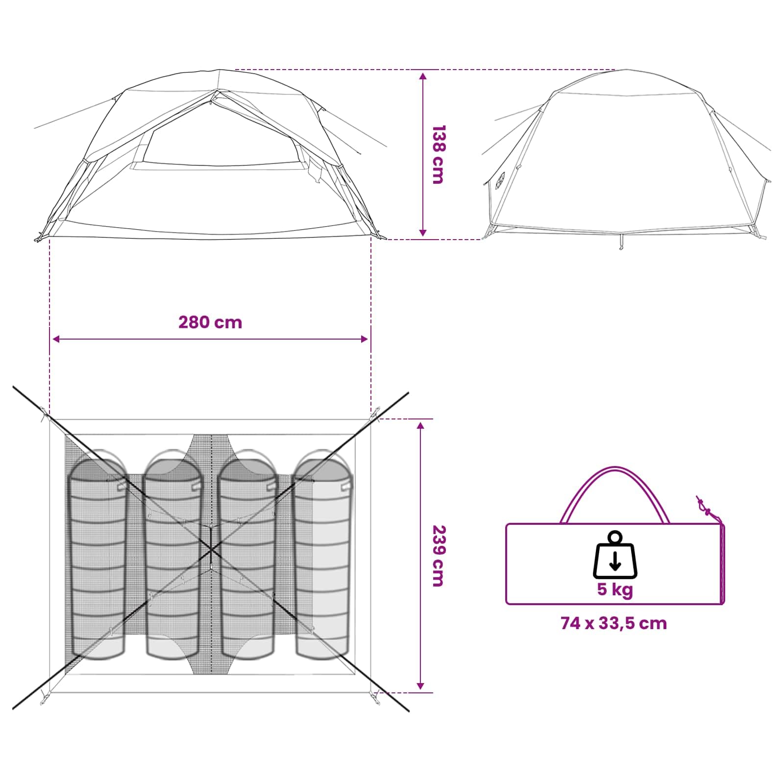 Tente de trekking pour 4 personnes - Bleu - En polyester 185T avec revêtement en polyuréthane - 280 x 239 x 138 cm - Légèrement portable - Pour camping, randonnée, trekking, festival