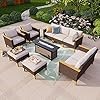 PHI VILLA 10 Piece Outdoor Sectional Patio Conversation Set with 56 Fire Pit Table Table Outdoor Rattan Furniture Patio Set for 9 Seats with Cushions Beige